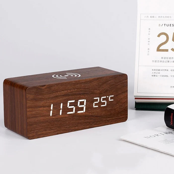 Wooden Bedside Charging Clock with LED Display – Qi Wireless Phone Charger Station with Time Date Temperature – Voice Activated Nightstand