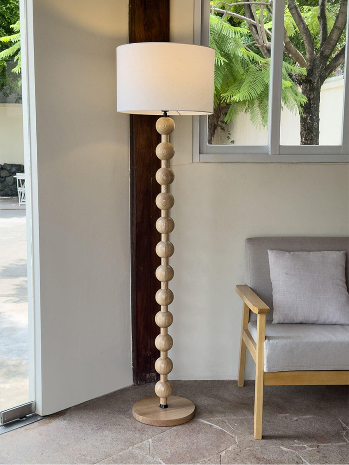 Tall Standing Lamp with White Shade 63 Inches Natural Wood Base Dimmable Accent Light for Bedroom Living Room Corner Reading Nook Modern Dec