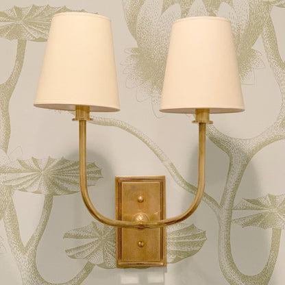 Fabric Shade Sconce Light with Brass Arm for Bedroom Reading & Hallway Accent | E12 Socket, Warm Ambient Glow, Space-Saving Install