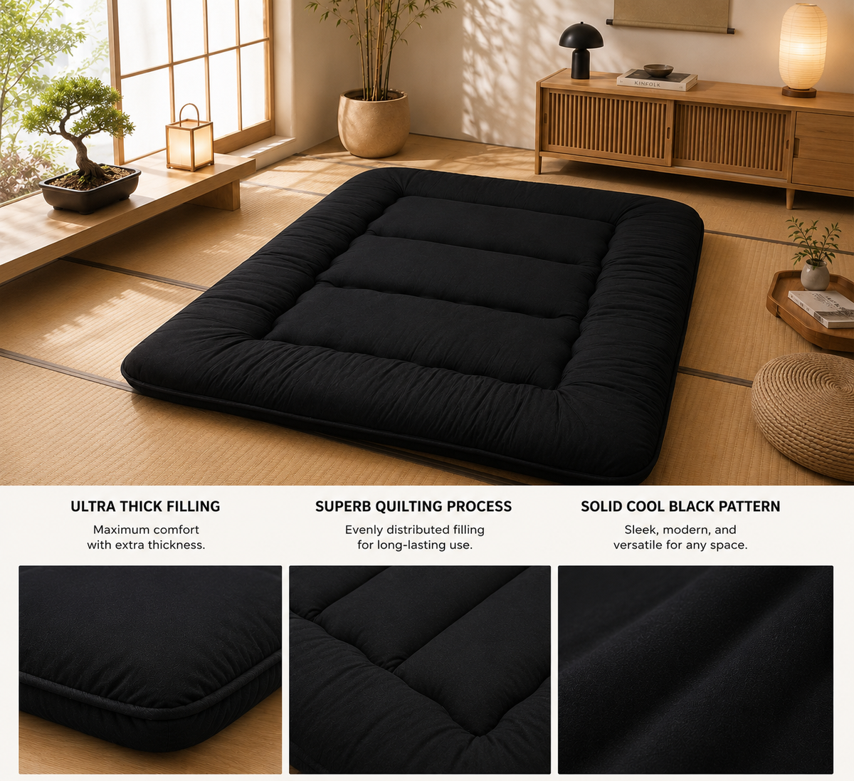 Colchón de suelo plegable de 4 pulgadas de grosor, futón japonés enrollable, colchón plegable acolchado lavable