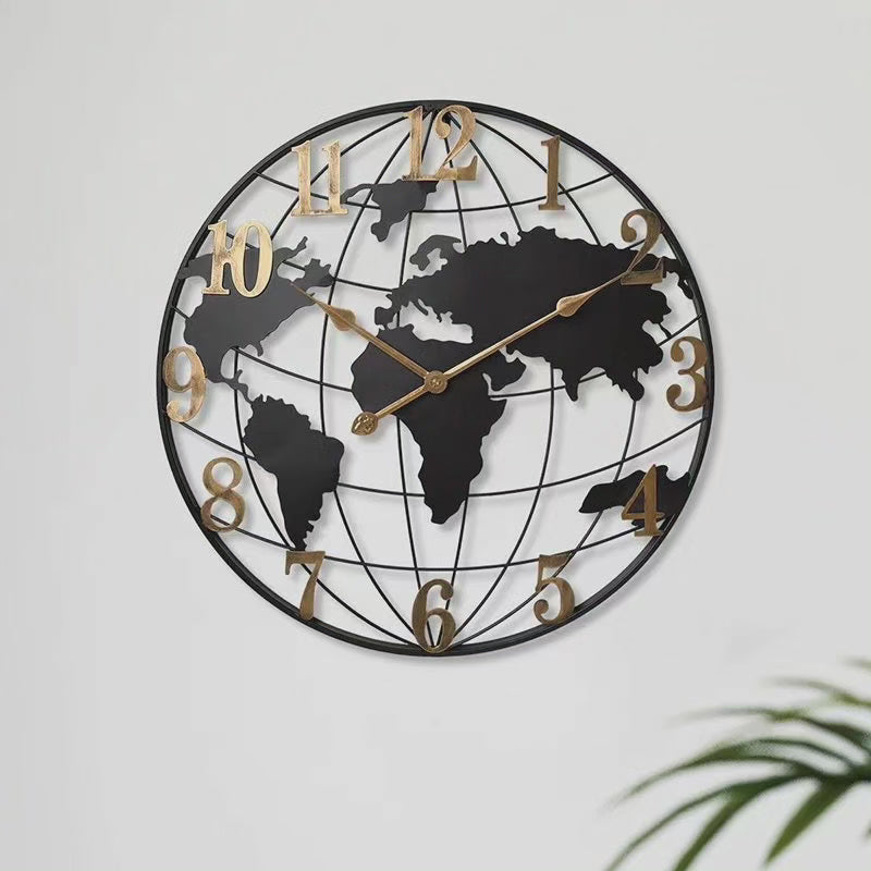 24-Inch World Map Wall Clock | Metal Frame Silent Quartz Movement for Living Room Bedroom Office | Decorative Globe Design Timepiece