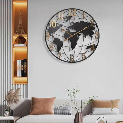 24-Inch World Map Wall Clock | Metal Frame Silent Quartz Movement for Living Room Bedroom Office | Decorative Globe Design Timepiece