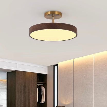 Round LED Flush Mount Ceiling Light with Faux Wood Finish – Iron Frame, Integrated Panel, 220-240V – For Bedroom, Living Room, Dining Room