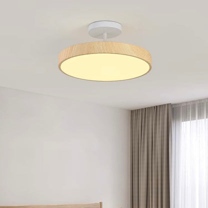 Round LED Flush Mount Ceiling Light with Faux Wood Finish – Iron Frame, Integrated Panel, 220-240V – For Bedroom, Living Room, Dining Room