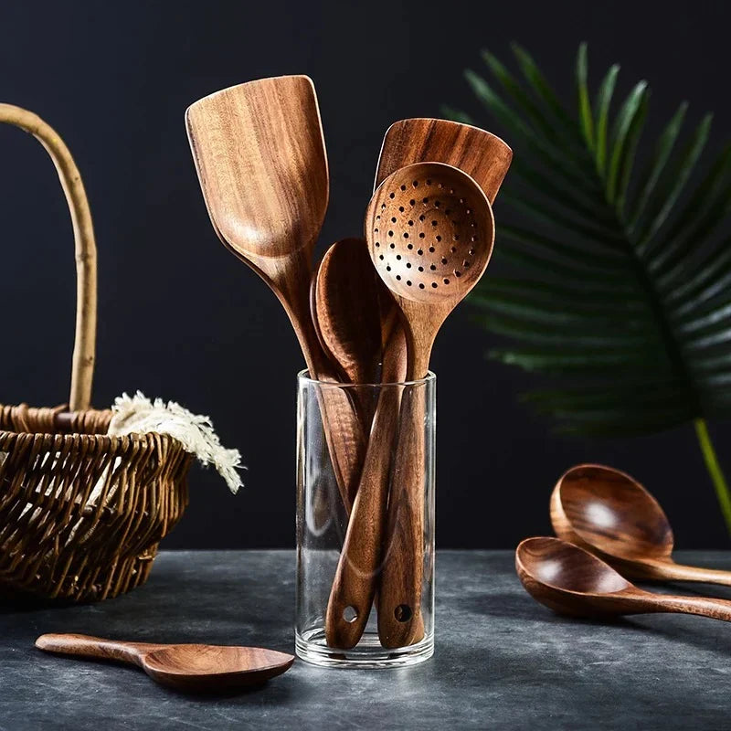 8-Piece Wooden Kitchen Tool Set Natural Wood Spatulas Spoons Ladle with Holder 12 Inch Tools for Home Cooking