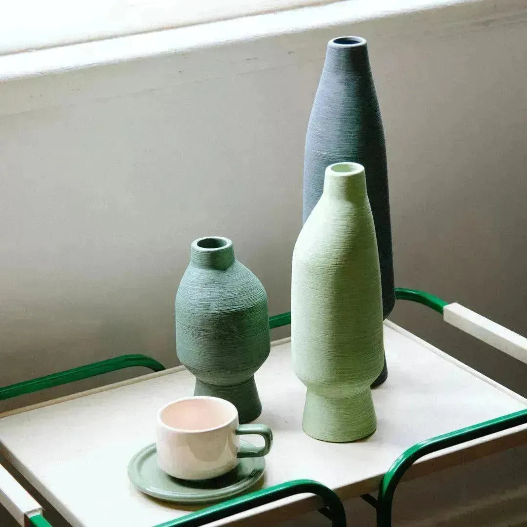 Handcrafted Pottery Vessel with Irregular Contour 7.9 Inches Sage Finish for Mantels Coffee Tables Botanical Stems Modern Farmhouse Nordic D