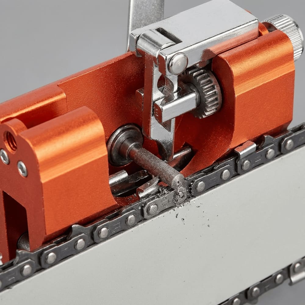 Herramienta compacta afiladora de motosierras, construcción metálica duradera