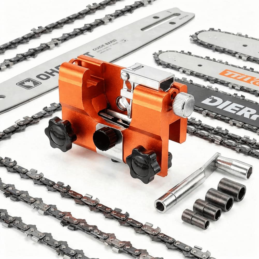 Herramienta compacta afiladora de motosierras, construcción metálica duradera