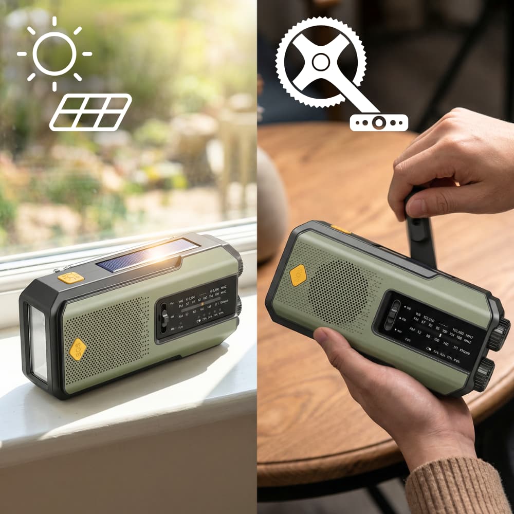Radio de emergencia portátil con linterna, alimentada por energía solar