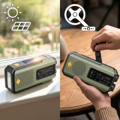 Radio de emergencia portátil con linterna, alimentada por energía solar