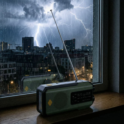 Radio de emergencia portátil con linterna, alimentada por energía solar