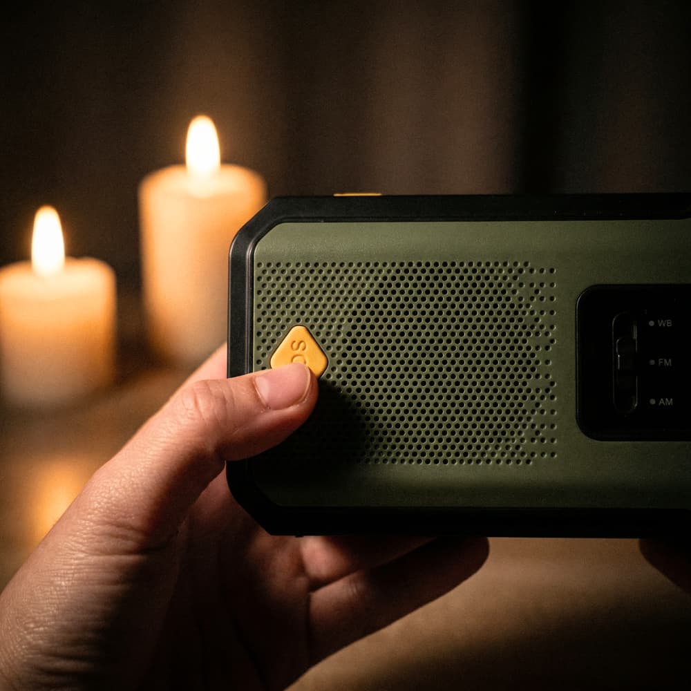 Radio de emergencia portátil con linterna, alimentada por energía solar