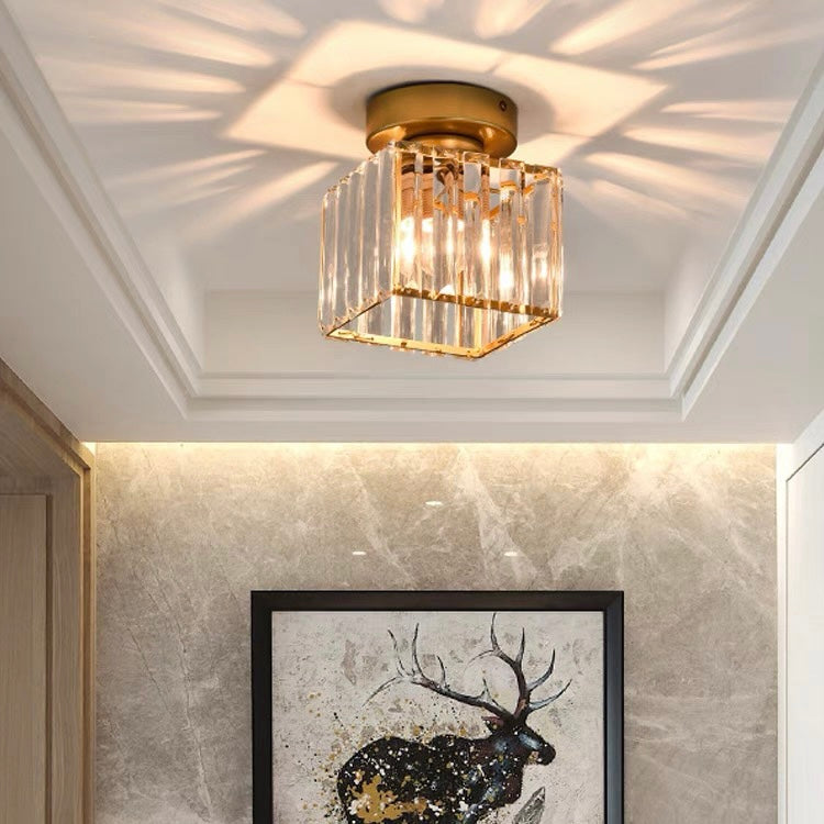 Cube Crystal Flush Mount Ceiling Light with Brass Frame 10 Inch for Bedroom Hallway Entryway Living Room Office Modern Home Lighting Fixture