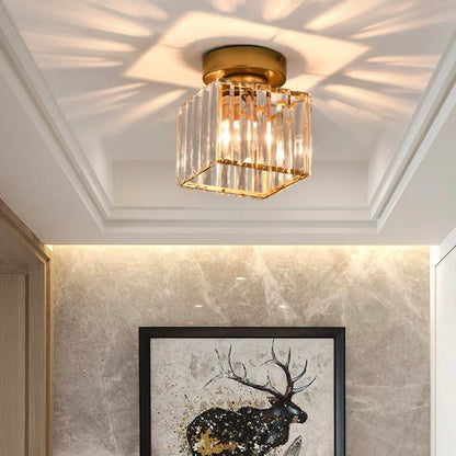 Cube Crystal Flush Mount Ceiling Light with Brass Frame 10 Inch for Bedroom Hallway Entryway Living Room Office Modern Home Lighting Fixture