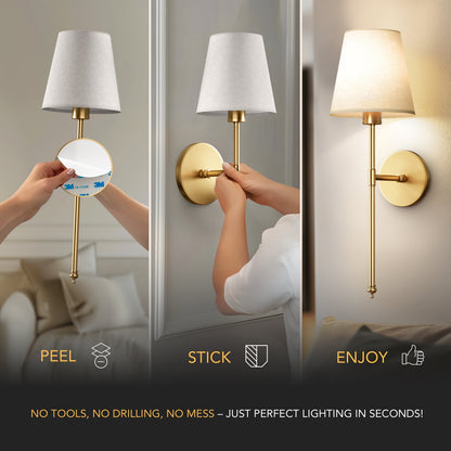 Remote Control Wall Sconce Set of 2 Gold 20 Inch Wireless Reading Light for Bedroom Living Room Adjustable Brightness Battery Operated Fabri