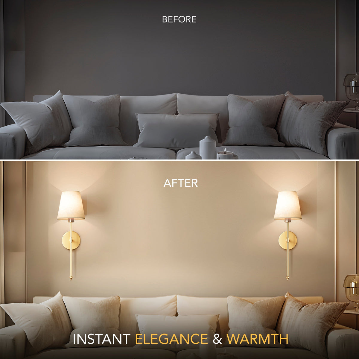 Remote Control Wall Sconce Set of 2 Gold 20 Inch Wireless Reading Light for Bedroom Living Room Adjustable Brightness Battery Operated Fabri