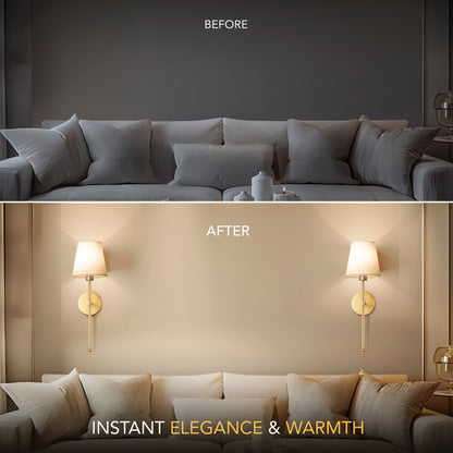 Remote Control Wall Sconce Set of 2 Gold 20 Inch Wireless Reading Light for Bedroom Living Room Adjustable Brightness Battery Operated Fabri