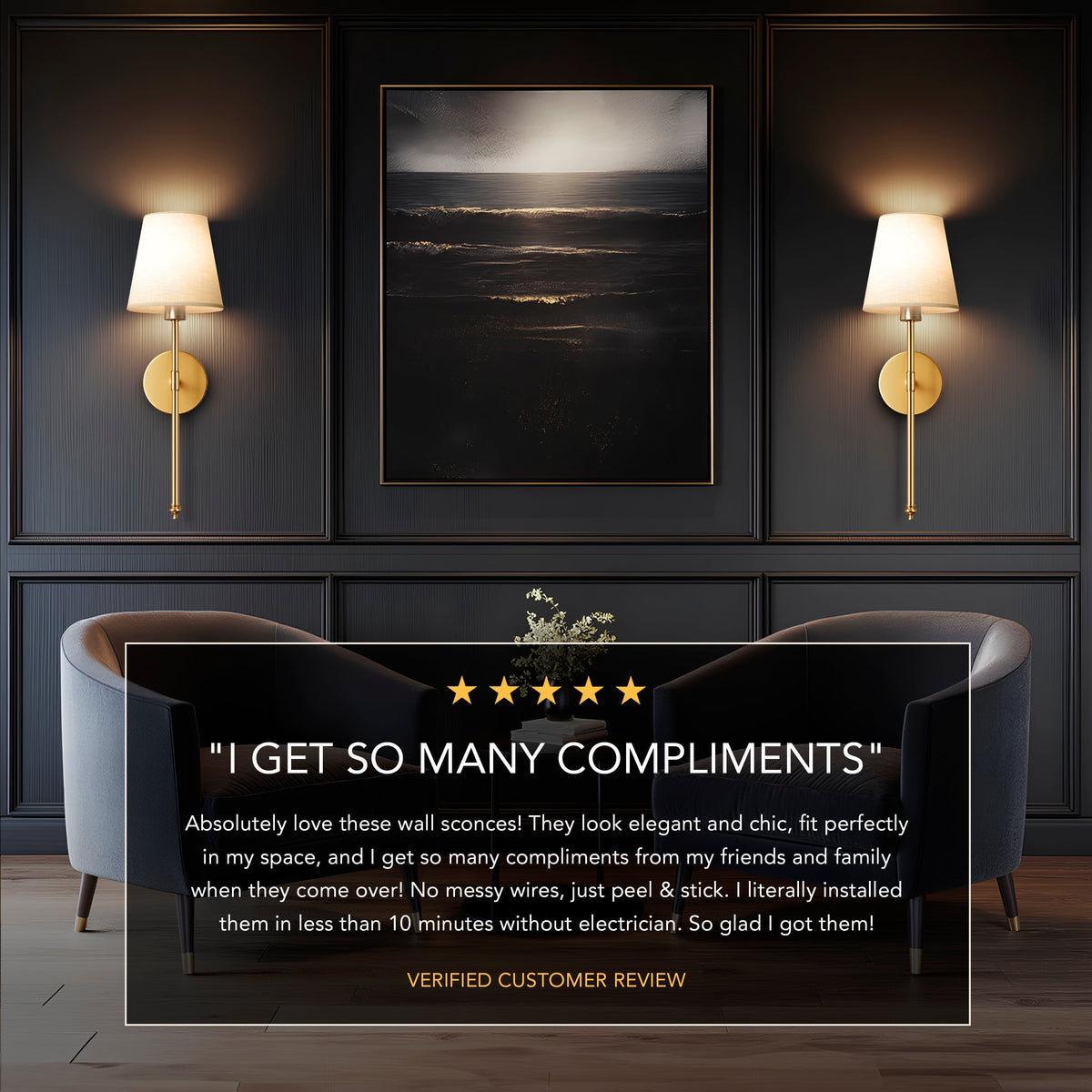 Remote Control Wall Sconce Set of 2 Gold 20 Inch Wireless Reading Light for Bedroom Living Room Adjustable Brightness Battery Operated Fabri