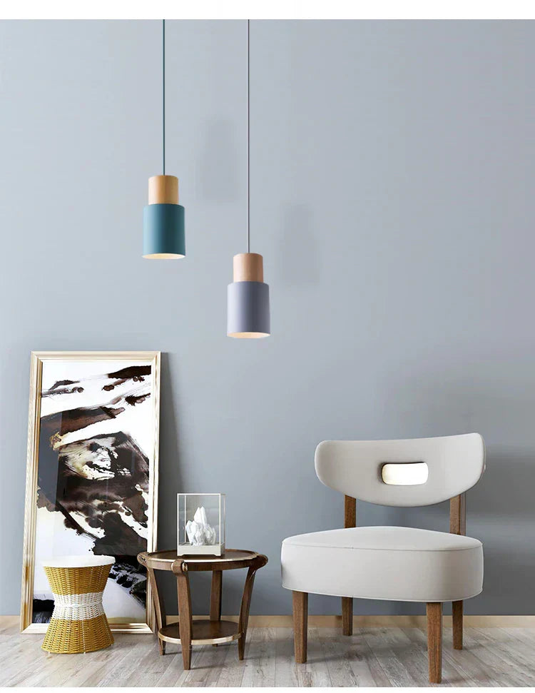 Mini Cylinder Drop Ceiling Light E27 Socket Wood & Iron Shade Adjustable Cord for Kitchen Island Dining Table Bedroom Scandinavian Style Han