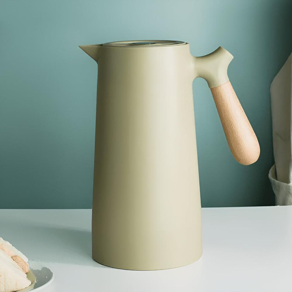 Insulated Thermal Carafe | Double Wall Beverage Server with Wood Handle | 1L Capacity for Hot and Cold Drinks