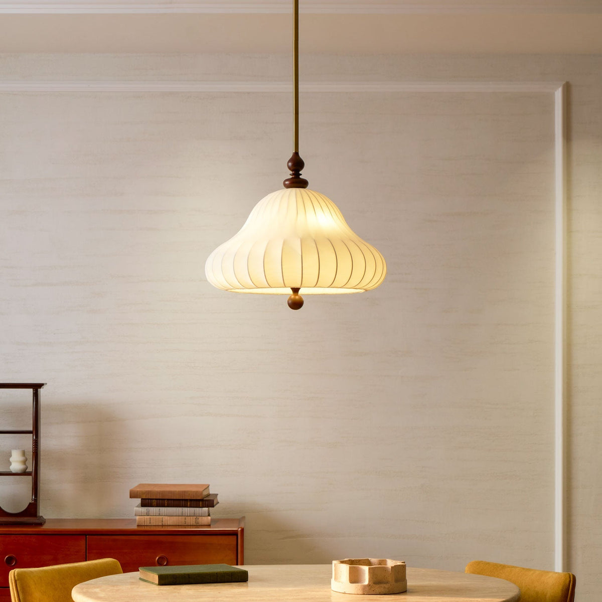 Adjustable Hanging Lamp with Layered Petal Shade Wood Metal Mixed Material 20 Inch Diameter for Dining Living Bedroom