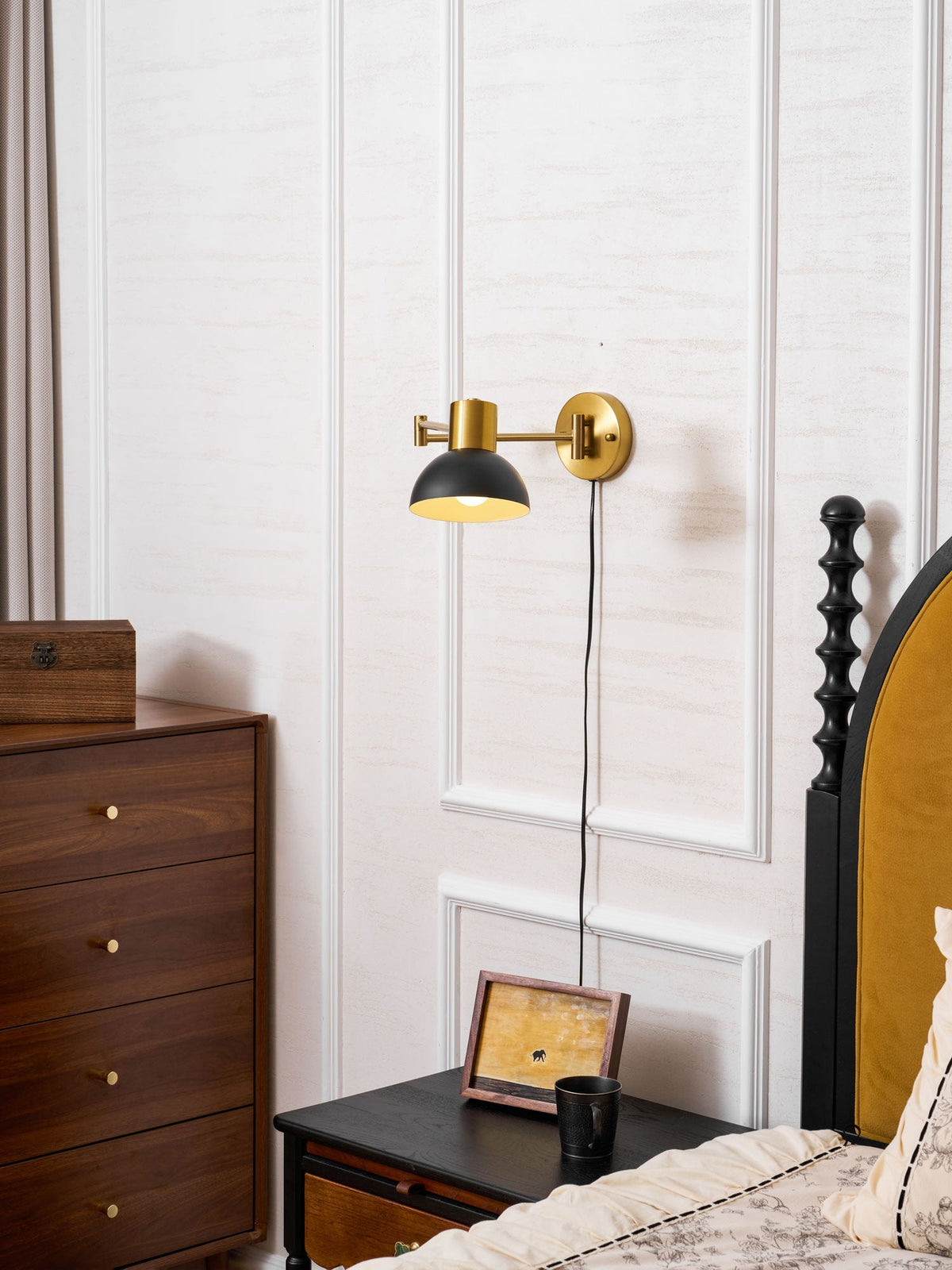Swing-Arm Reading Sconce with Rotating Shade Metal Plug-In Fixture Black & Gold Finish for Bedroom Living Room Study Nook Task Lighting