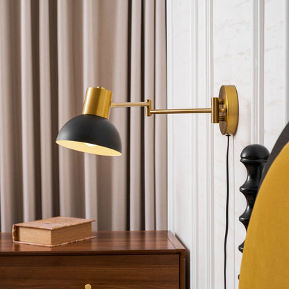 Swing-Arm Reading Sconce with Rotating Shade Metal Plug-In Fixture Black & Gold Finish for Bedroom Living Room Study Nook Task Lighting