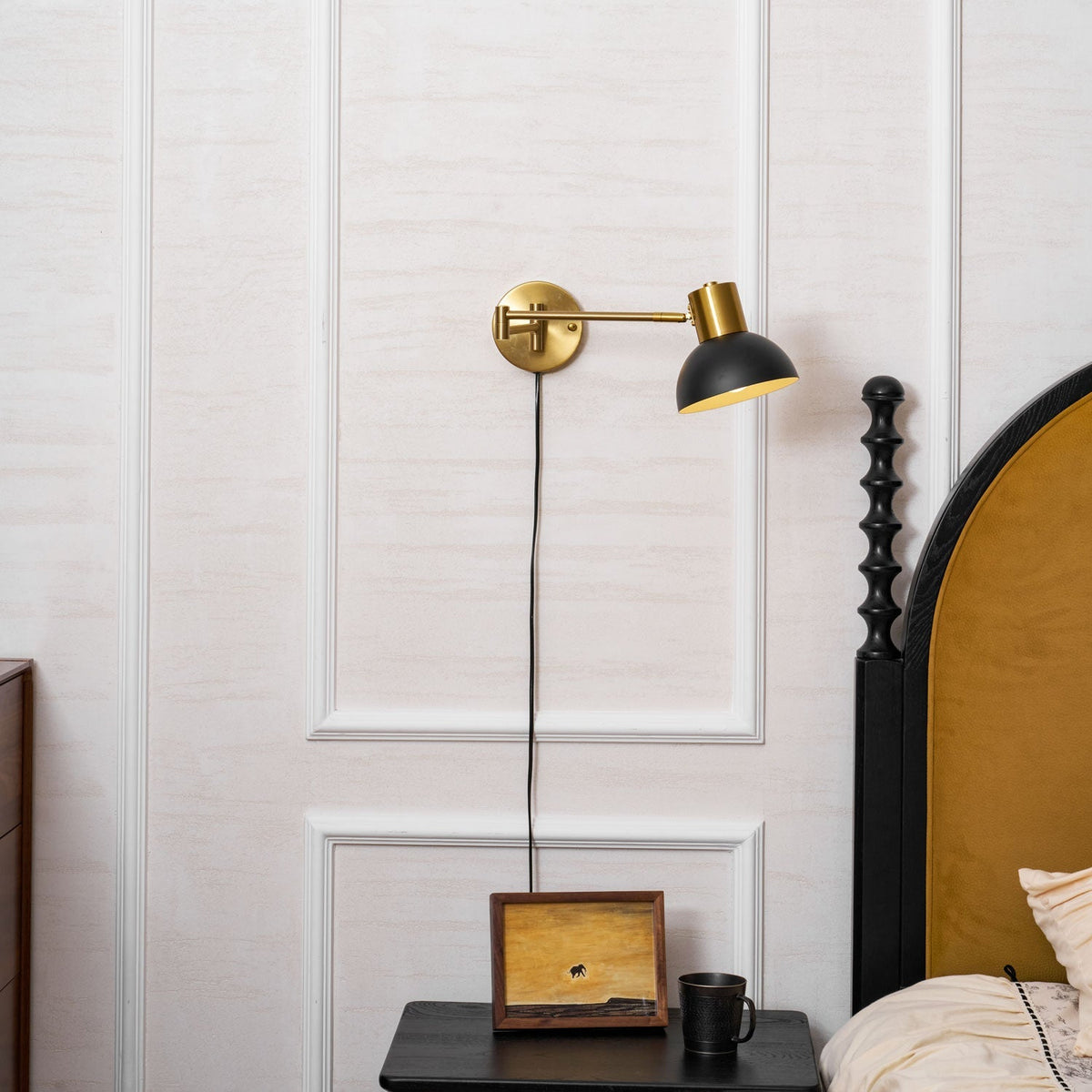 Swing-Arm Reading Sconce with Rotating Shade Metal Plug-In Fixture Black & Gold Finish for Bedroom Living Room Study Nook Task Lighting