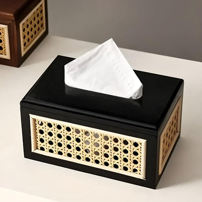 Jade Japandi Tissue Box Cover - Rattan and Wood, Minimalist Design