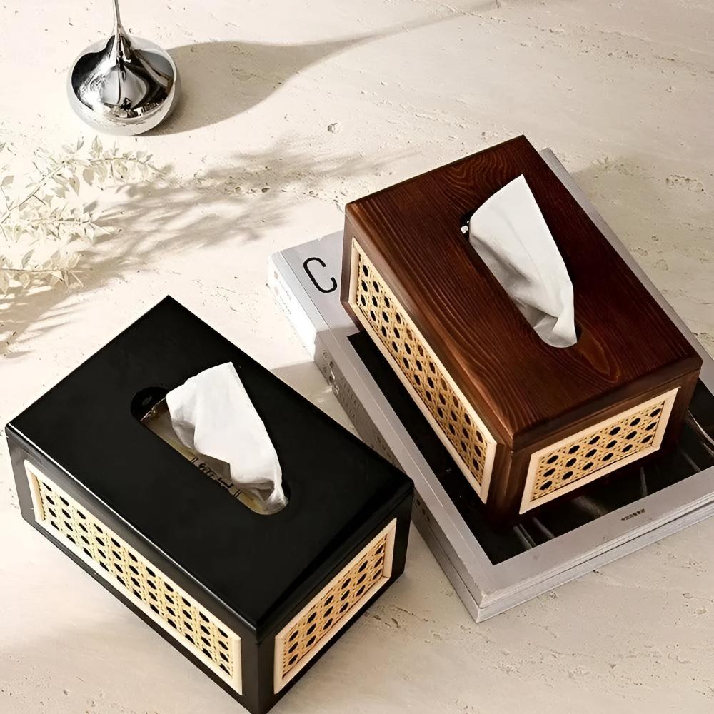 Jade Japandi Tissue Box Cover - Rattan and Wood, Minimalist Design