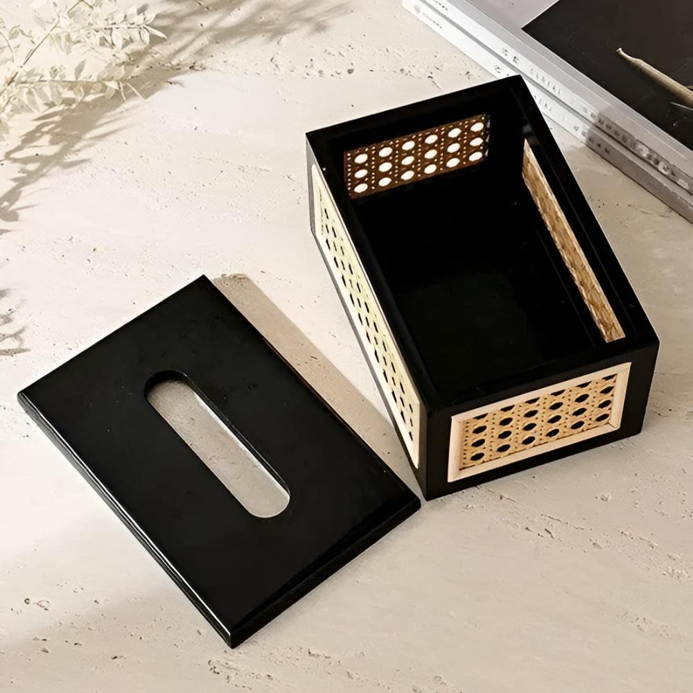 Jade Japandi Tissue Box Cover - Rattan and Wood, Minimalist Design