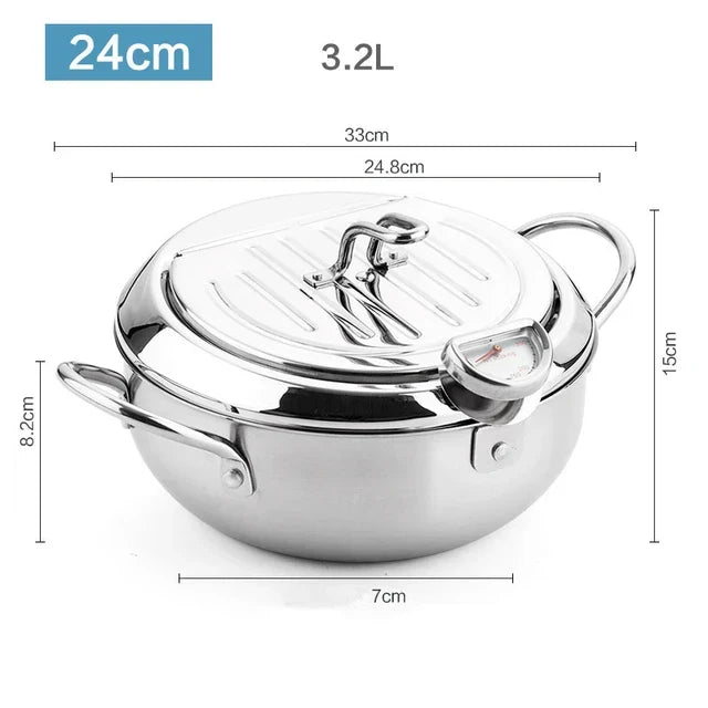 Stainless Steel Tempura Pot with Built-In Thermometer & Oil Strainer Lid 9.4 Inch Silver for Japanese Frying Chicken Karaage Tonkatsu Home K