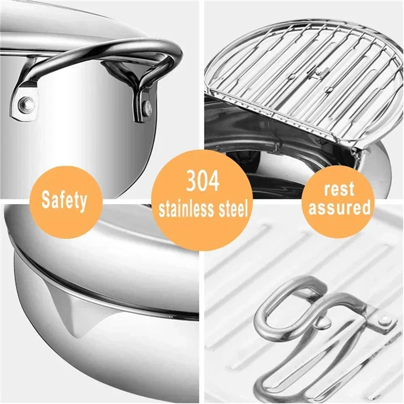 Stainless Steel Tempura Pot with Built-In Thermometer & Oil Strainer Lid 9.4 Inch Silver for Japanese Frying Chicken Karaage Tonkatsu Home K
