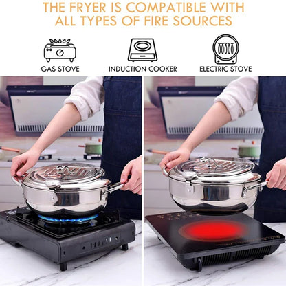 Stainless Steel Tempura Pot with Built-In Thermometer & Oil Strainer Lid 9.4 Inch Silver for Japanese Frying Chicken Karaage Tonkatsu Home K