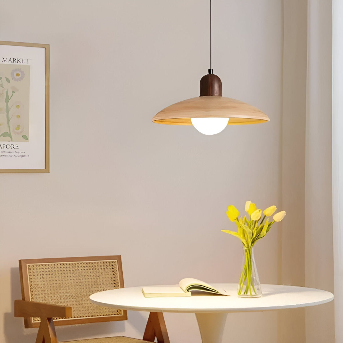 Wood Dome Ceiling Pendant 12 in Walnut Hanging Light for Kitchen Island Dining Table Minimalist Adjustable Cord E27 Socket 110V