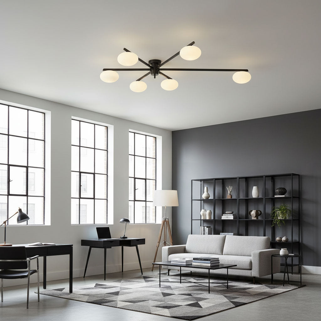 Adjustable Multi-Arm Semi-Flush Mount Light Fixture with Frosted Globes for Dining Room Kitchen Living Room | Black or Brass Frame G9 Socket