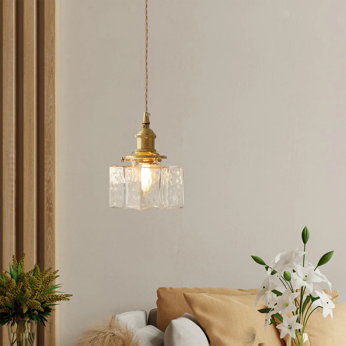 Glass Pendant Light with Brass Accents Adjustable Hanging Fixture for Kitchen Island Dining Room Modern Overhead Lighting E26 Socket