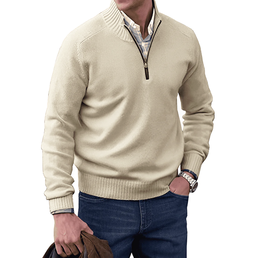 Half-Zip Knit Sweater with Ribbed Cuffs and High Neck for Men – Solid Color Cotton Blend Pullover for Casual Wear, Dressy Events, and Everyd