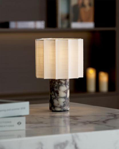 Cordless Marble Accent Lamp with Rechargeable Battery 11-Inch Tall White Beige Fabric Shade LED Desk Light for Bedroom Office Nightstand Por