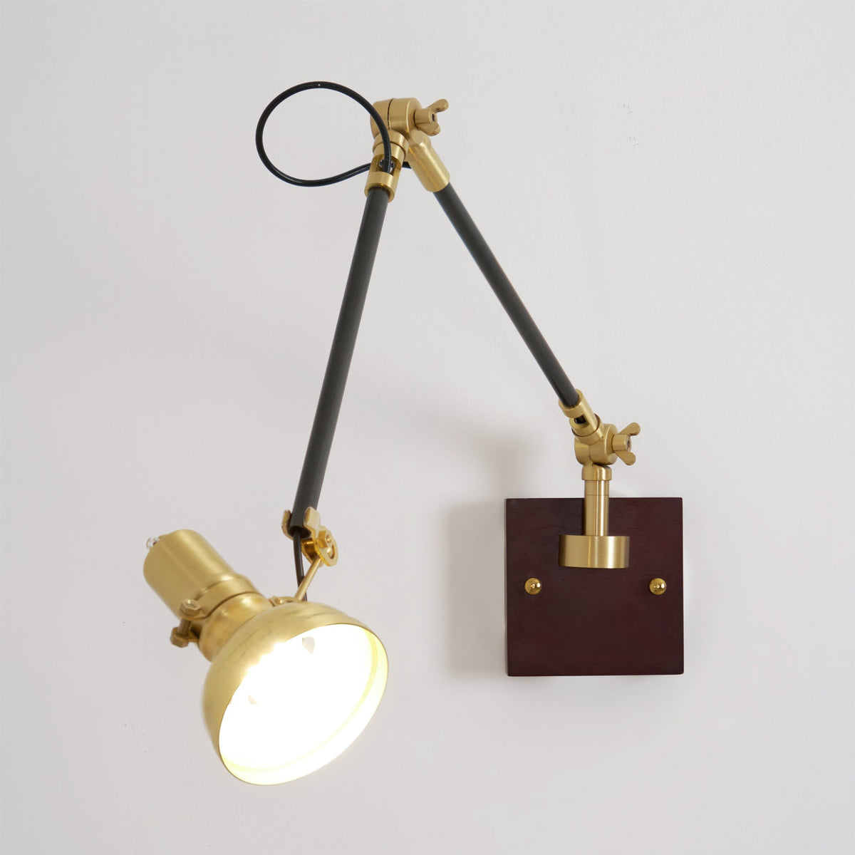 Articulating Wall Sconce Brass & Wood 27 inch Pivoting Arm Task Light for Bedside Reading Office Study Workspace