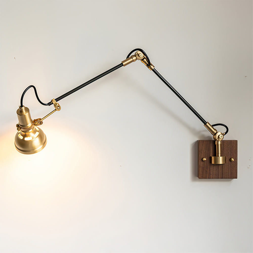 Articulating Wall Sconce Brass & Wood 27 inch Pivoting Arm Task Light for Bedside Reading Office Study Workspace