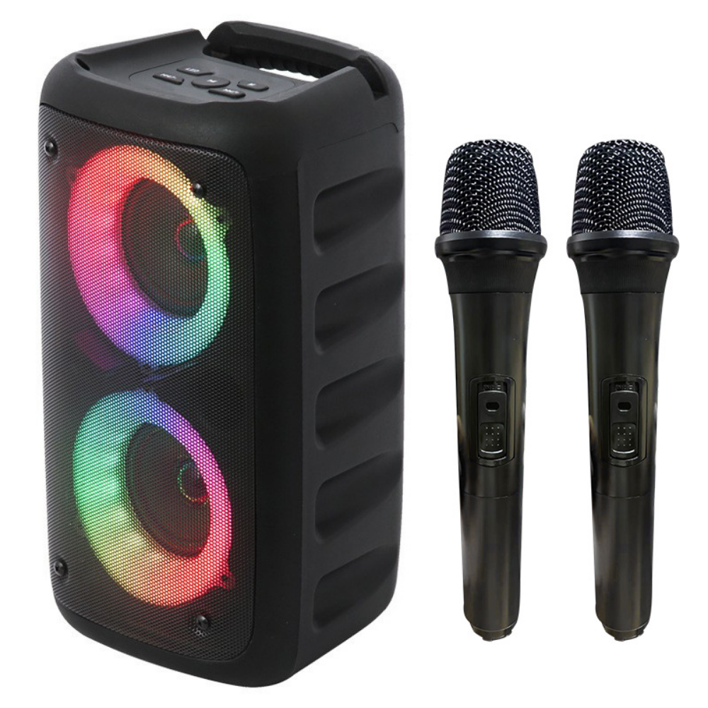 Fiesta de Karaoke | Altavoz portátil Bluetooth con dos micrófonos | Luces LED de colores para divertidas sesiones de canto