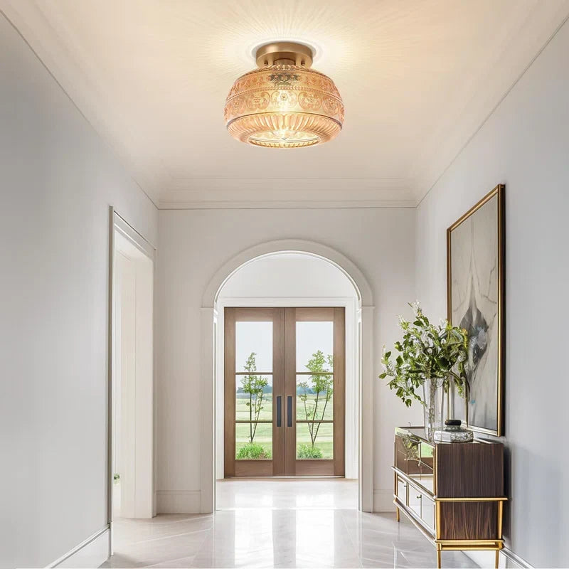 Glass Semi-Flush Ceiling Fixture – 9 in Dome Shade in Amber, Clear or Green for Bedrooms, Entryways & Low Ceilings