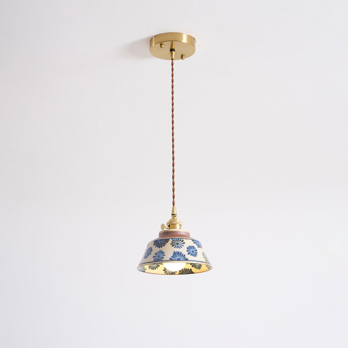 Handcrafted Ceramic Hanging Light with Floral Pattern 7 Inch Adjustable Overhead Fixture for Kitchen Island Dining Table Breakfast Nook Bras