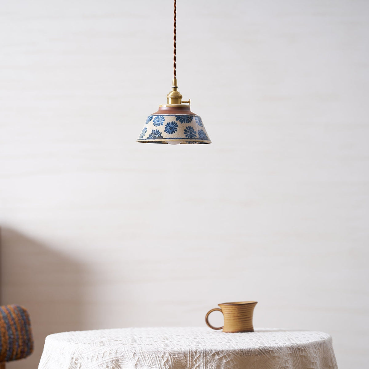 Handcrafted Ceramic Hanging Light with Floral Pattern 7 Inch Adjustable Overhead Fixture for Kitchen Island Dining Table Breakfast Nook Bras