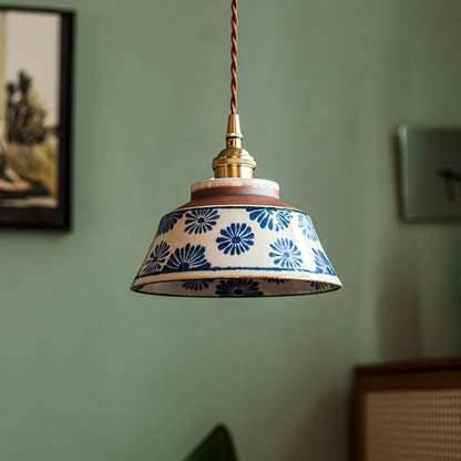 Handcrafted Ceramic Hanging Light with Floral Pattern 7 Inch Adjustable Overhead Fixture for Kitchen Island Dining Table Breakfast Nook Bras