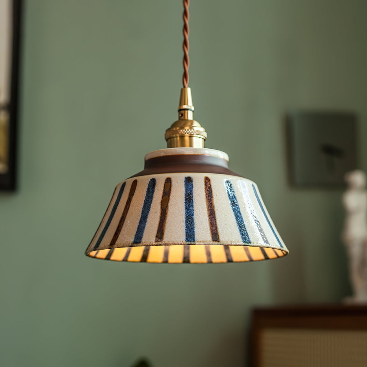 Handcrafted Ceramic Hanging Light with Floral Pattern 7 Inch Adjustable Overhead Fixture for Kitchen Island Dining Table Breakfast Nook Bras