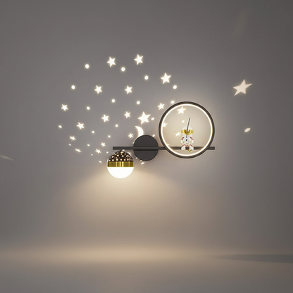 LED Kids Wall Sconce Astronaut Moon Star Night Light Gold White Metal Space Nursery Bedroom Decorative Fixture Boys Girls Reading Corner Pla