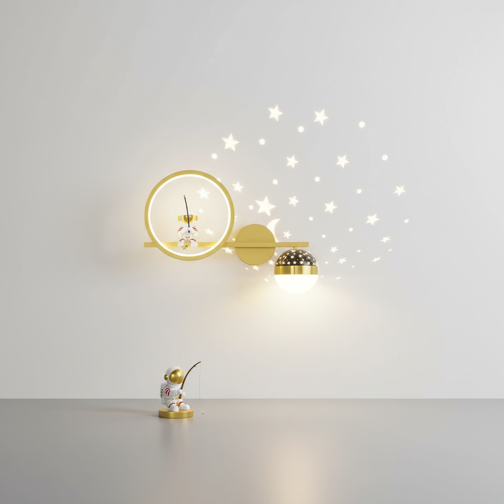 LED Kids Wall Sconce Astronaut Moon Star Night Light Gold White Metal Space Nursery Bedroom Decorative Fixture Boys Girls Reading Corner Pla