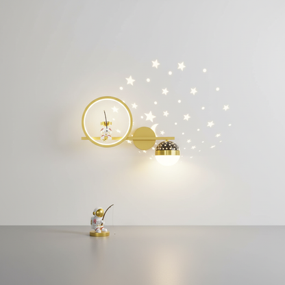 LED Kids Wall Sconce Astronaut Moon Star Night Light Gold White Metal Space Nursery Bedroom Decorative Fixture Boys Girls Reading Corner Pla